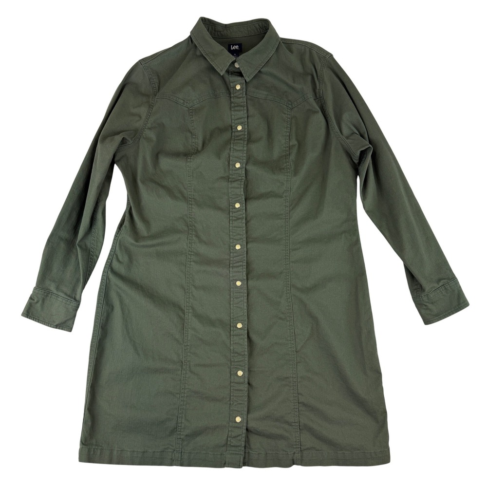 Lee Shirt Dress Womens XL Green Western Snap Front Long Sleeve Cotton Stretch